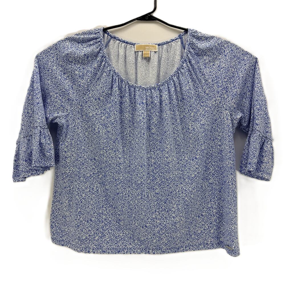 Michael Kors Women’s XL Blue & White Floral 3/4 Bell Sleeve Scoop Neck Top